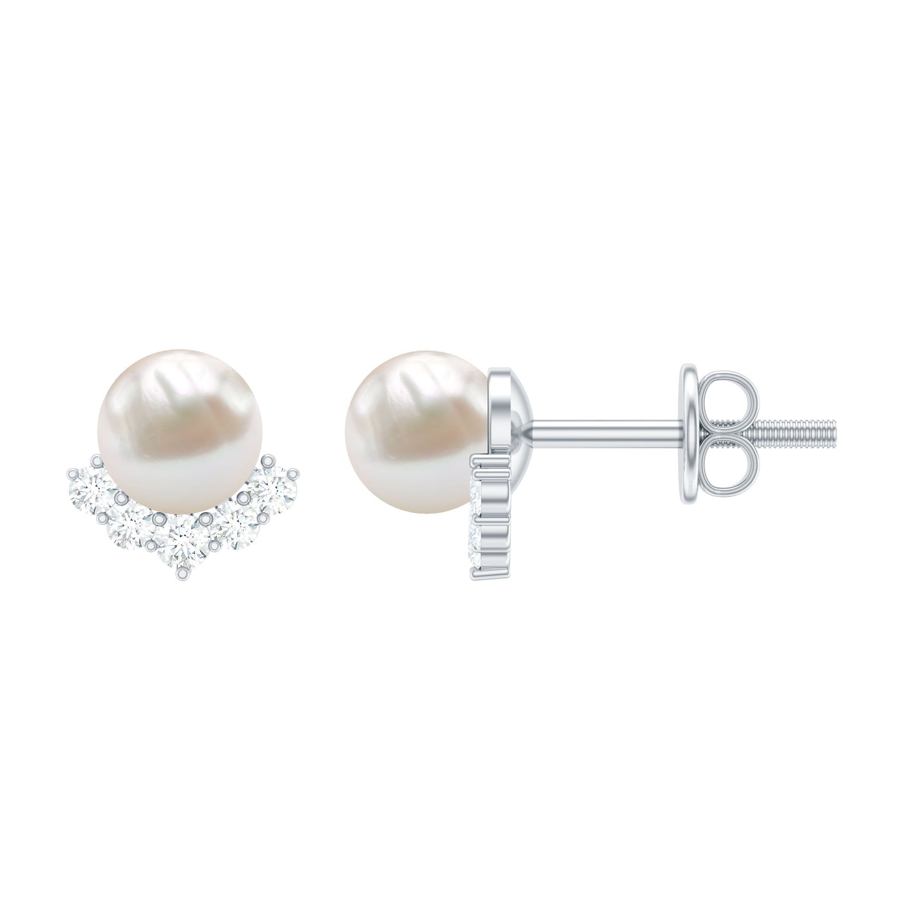 Modern Stud Earrings with Freshwater Pearl and Diamond
