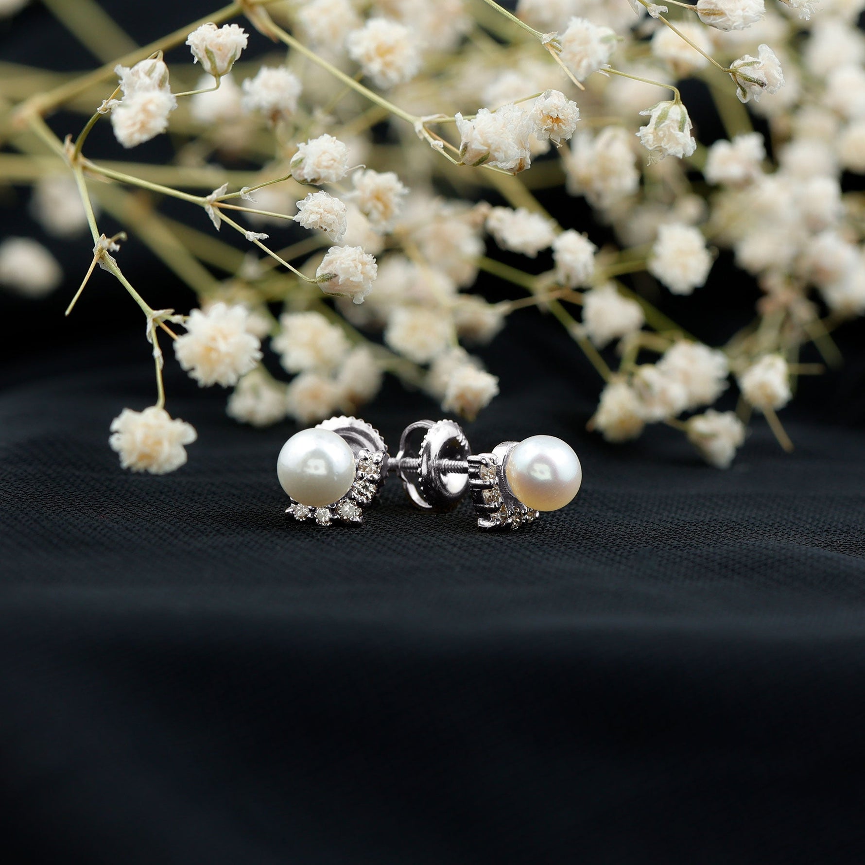 Modern Stud Earrings with Freshwater Pearl and Diamond