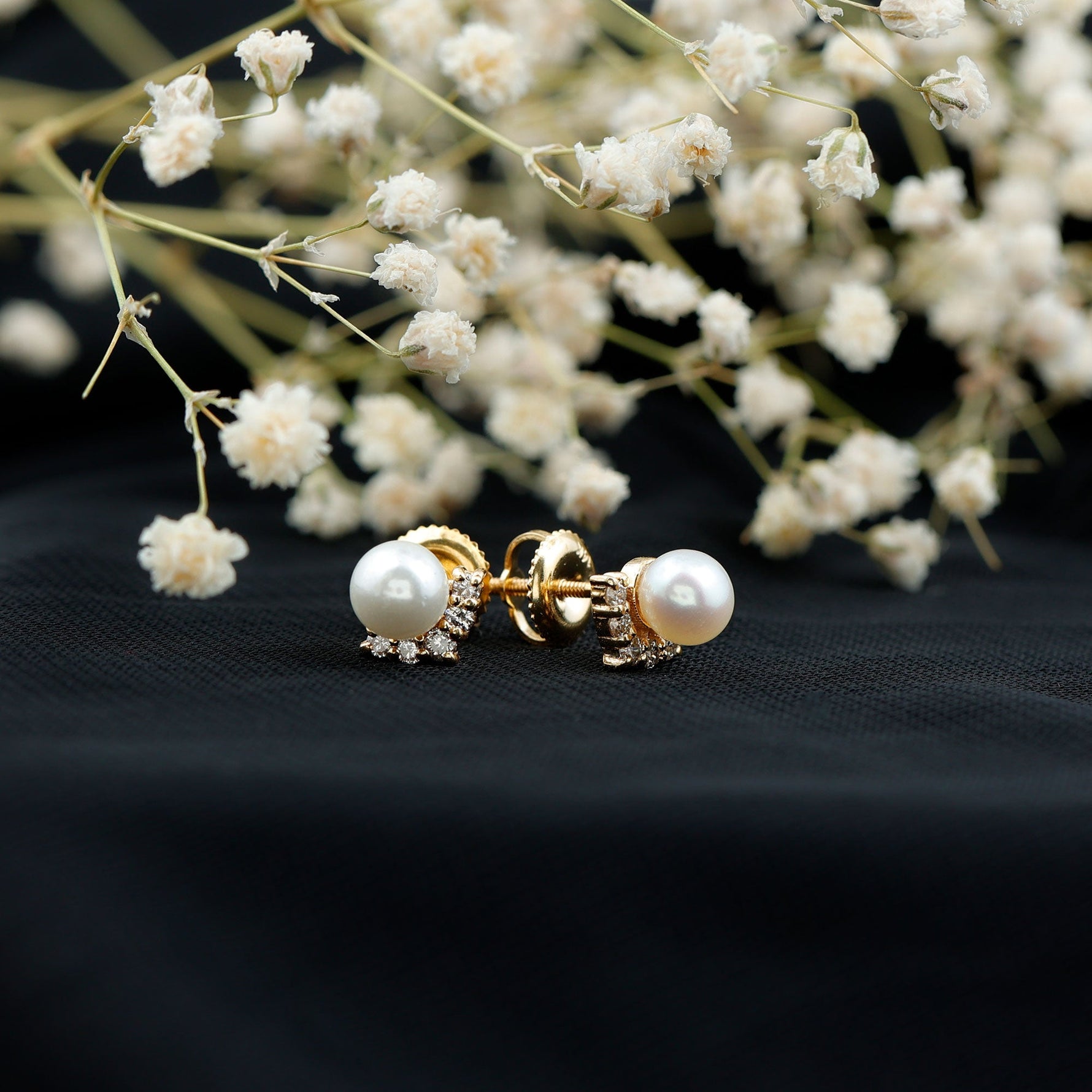 Modern Stud Earrings with Freshwater Pearl and Diamond