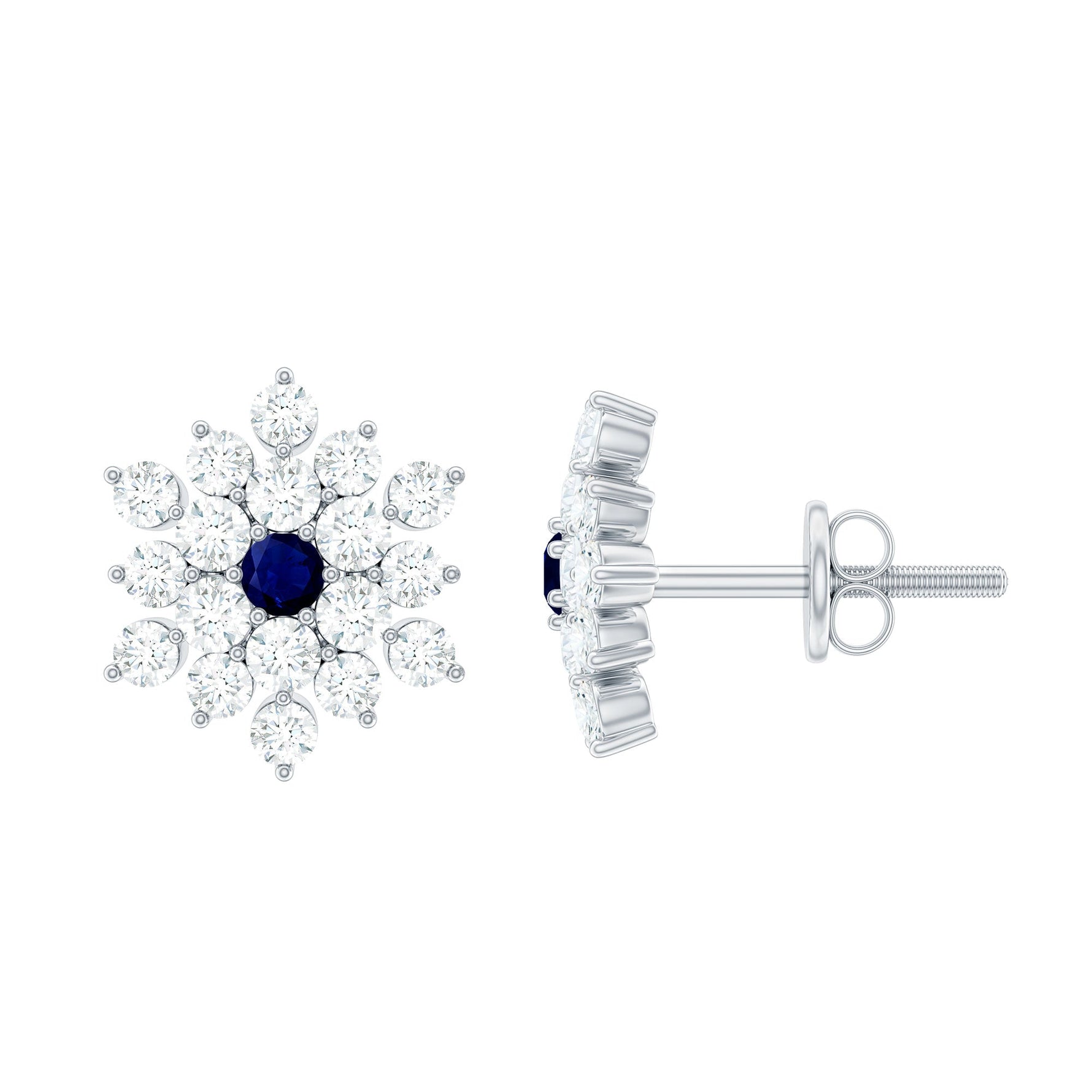 1.25 CT Blue Sapphire and Diamond Floral Cluster Stud Earrings