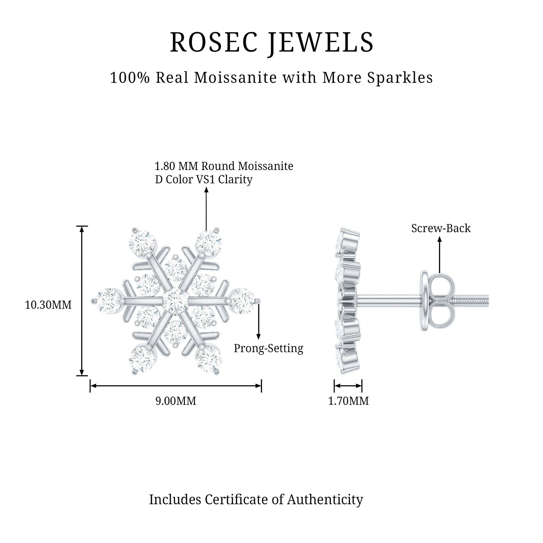 Moissanite Snowflake Stud Earrings for Her