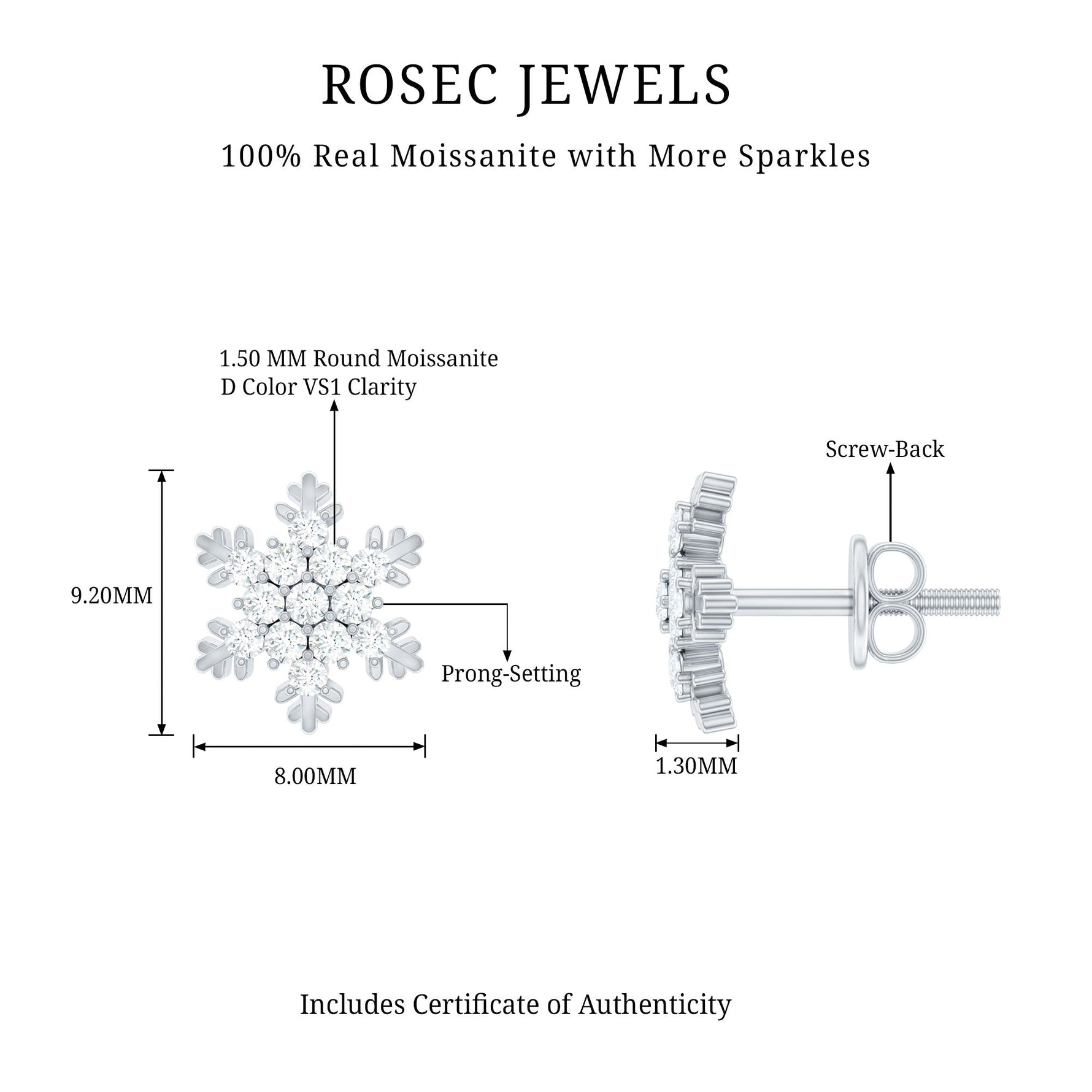 Certified Moissanite Winter Snowflake Stud Earrings