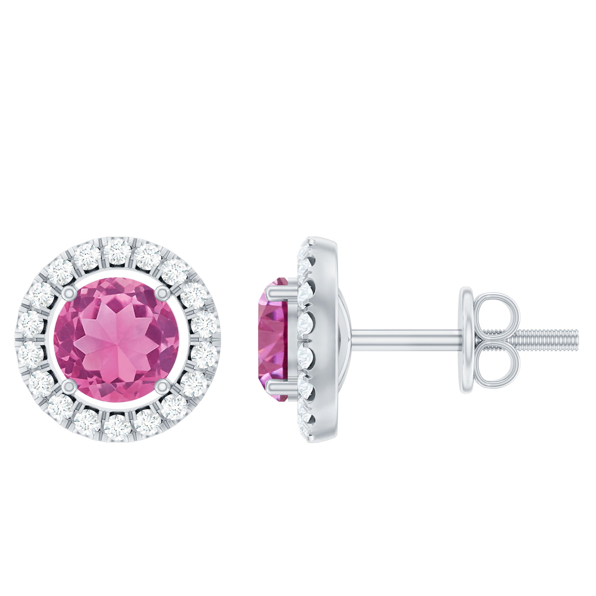 1.25 CT Natural Pink Tourmaline and Diamond Halo Stud Earrings