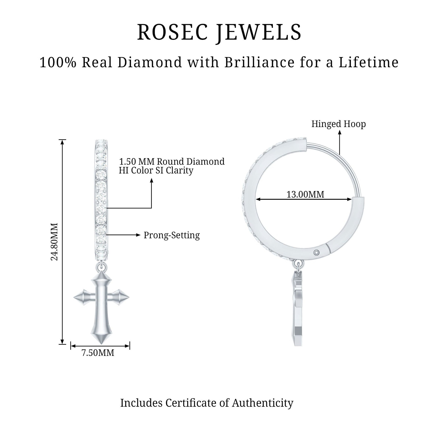 Certified Diamond Cross Drop Hoop Earrings