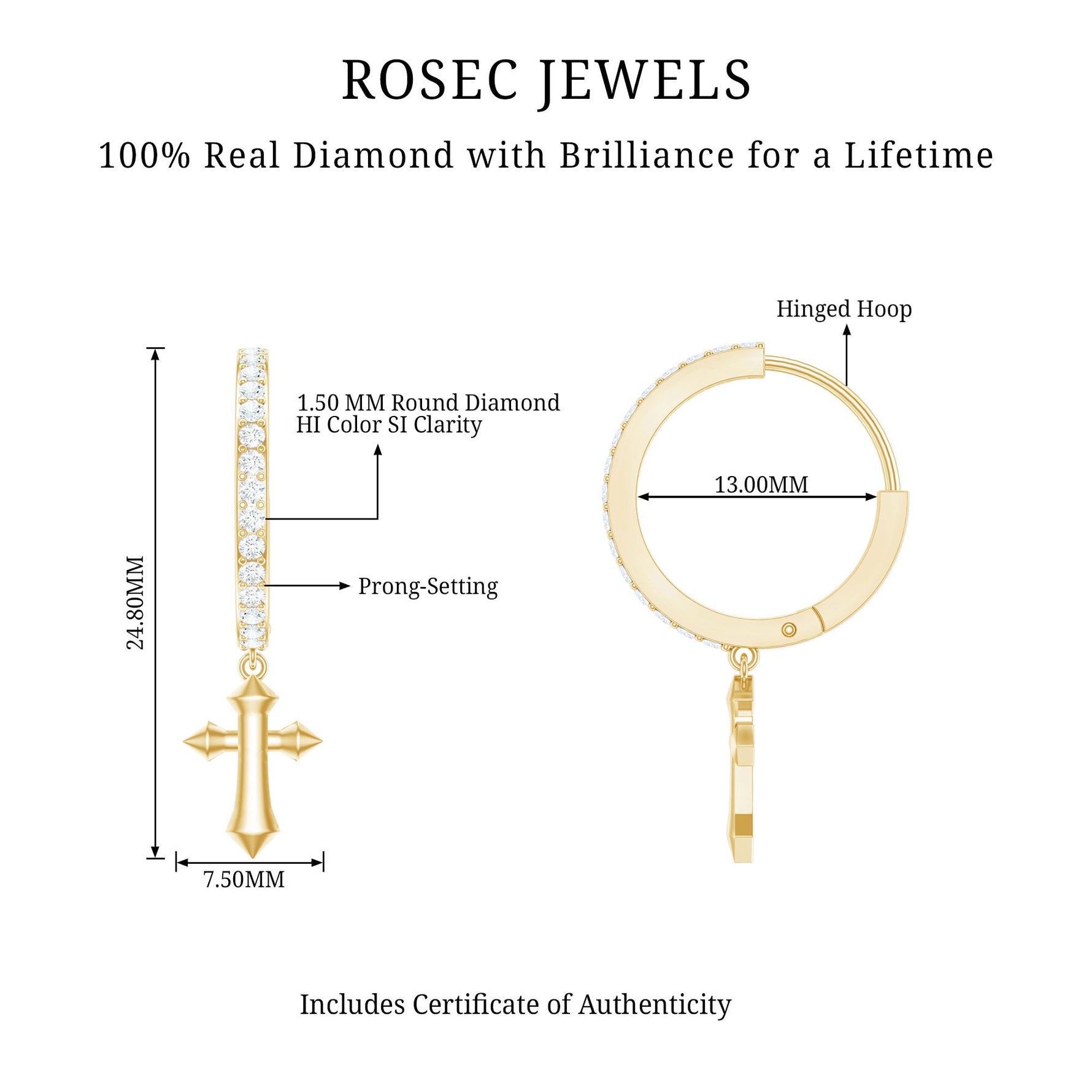 Certified Diamond Cross Drop Hoop Earrings