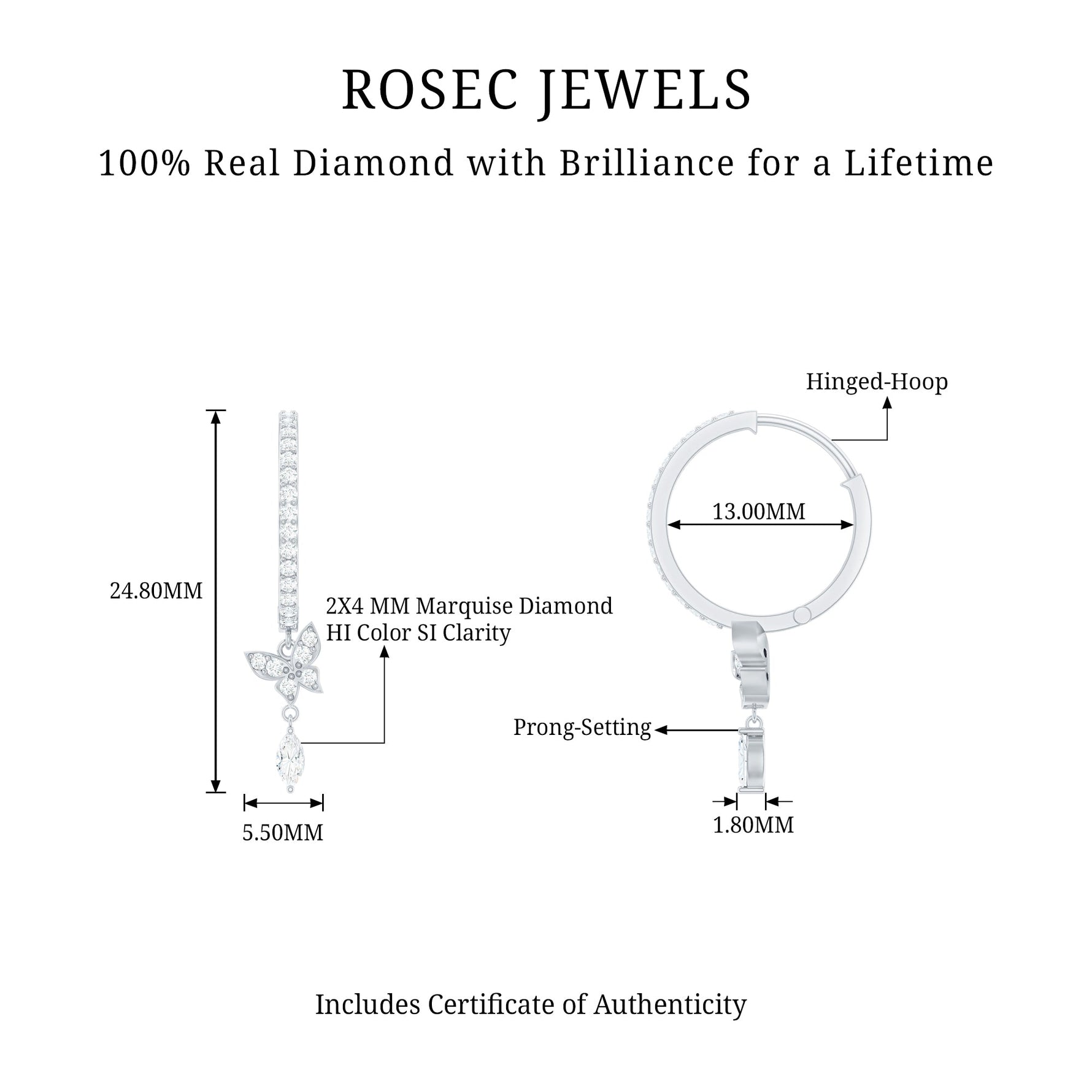 Natural Diamond Butterfly Hoop Earrings for Women