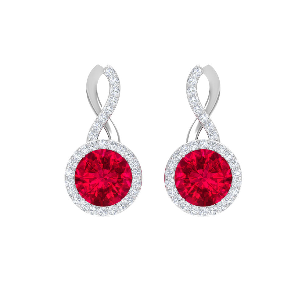 Infinity Drop Halo Earrings with 1.50 CT Diamonds and Created Ruby