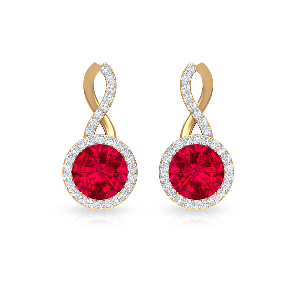 Infinity Drop Halo Earrings with 1.50 CT Diamonds and Created Ruby