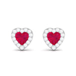 Heart Shape Ruby Stud Earrings with Diamond Halo