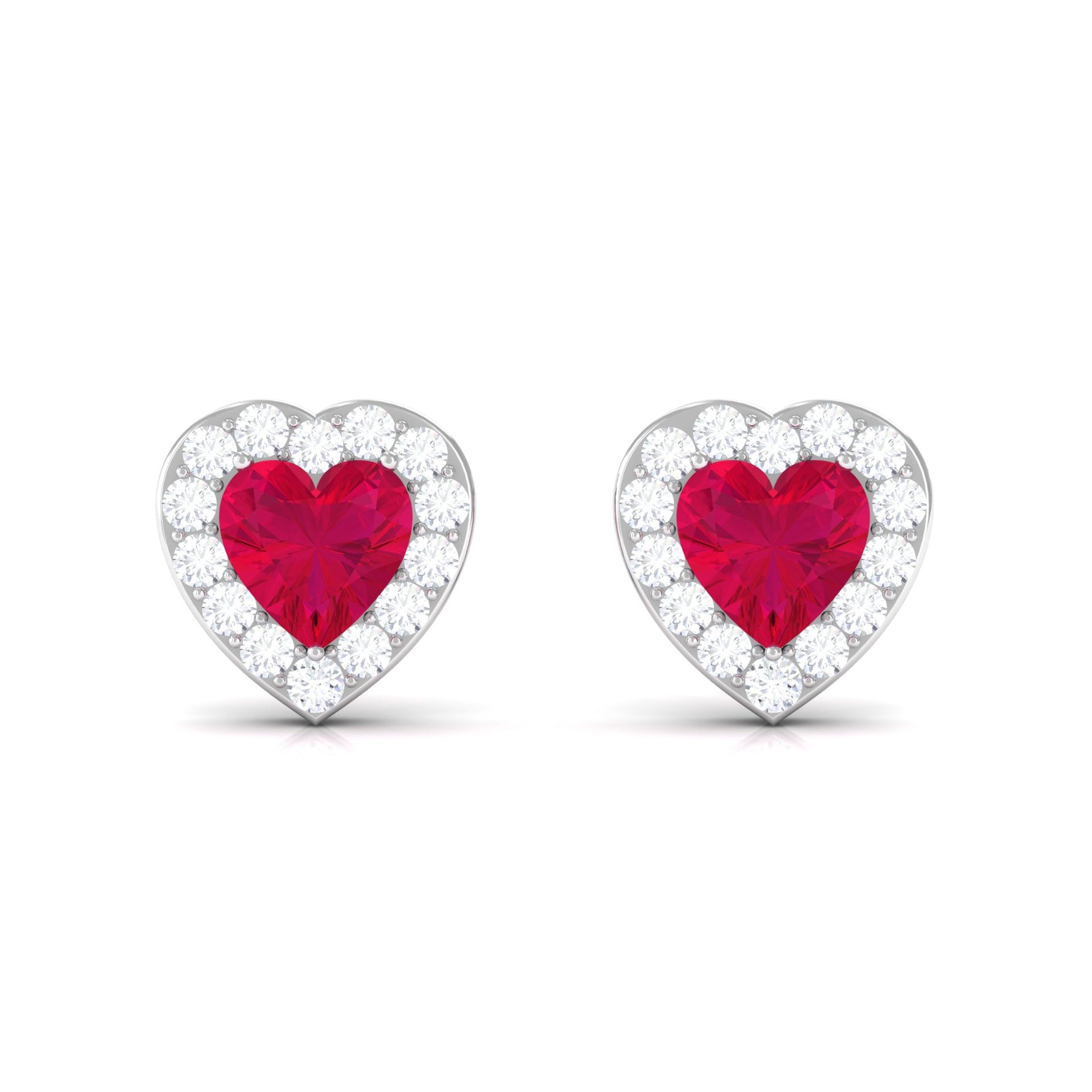 Heart Shape Ruby Stud Earrings with Diamond Halo