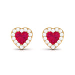 Heart Shape Ruby Stud Earrings with Diamond Halo