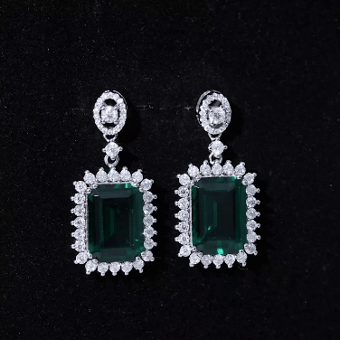 Certified 10X14 MM Lab Grown Emerald Art Deco Earrings in Silver