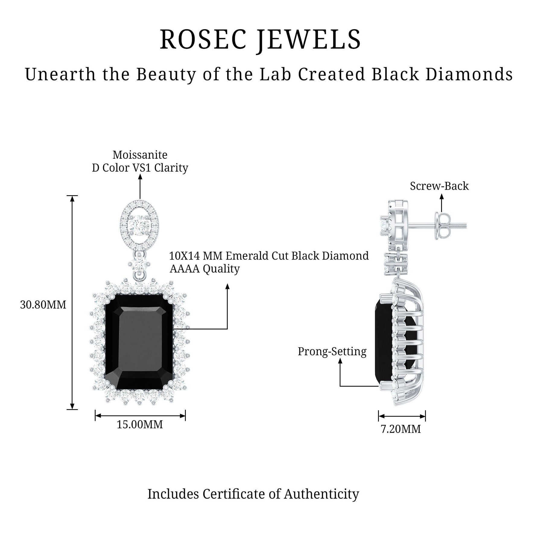 Lab Grown Black Diamond Statement Earrings in Silver