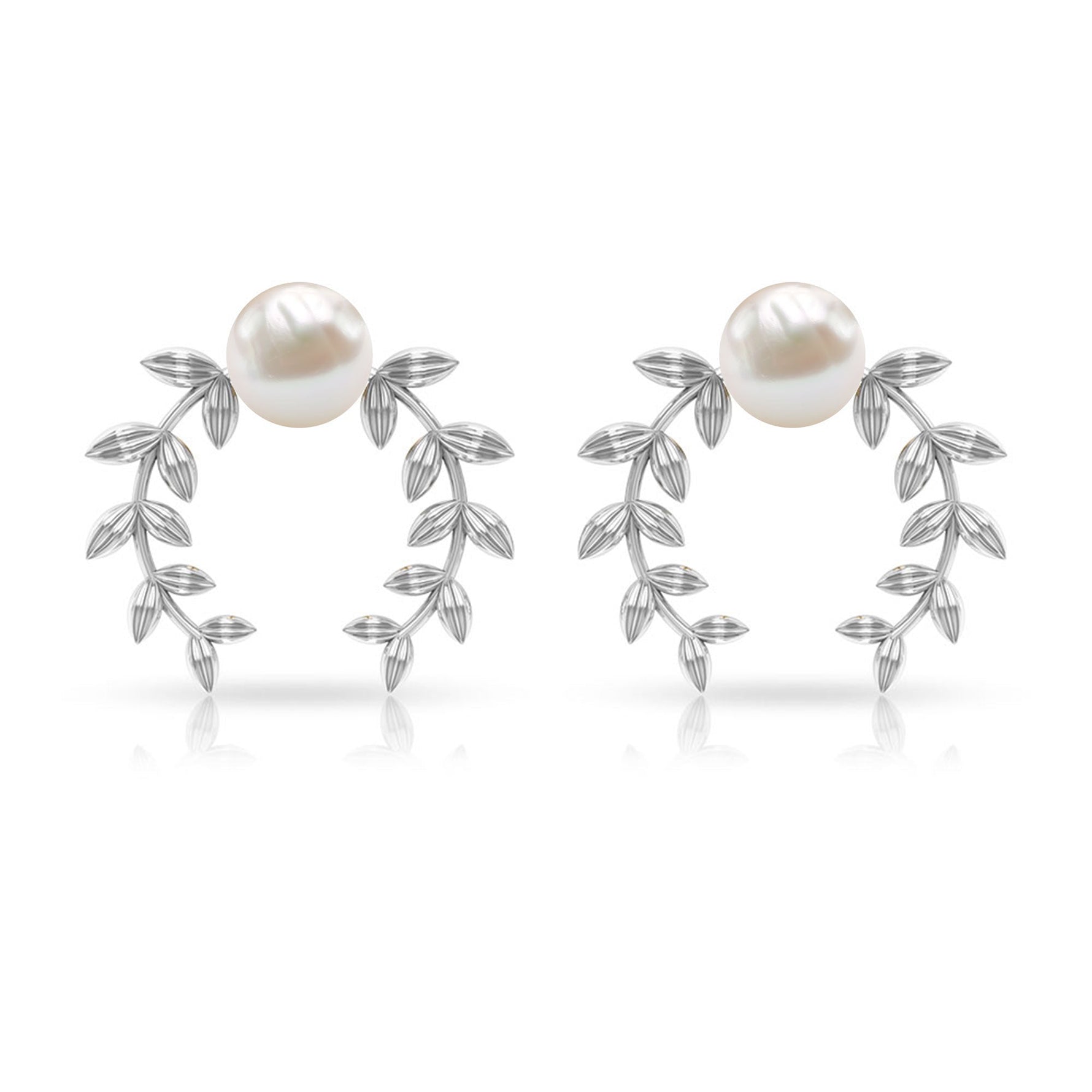 2.75 CT Freshwater Pearl Stud Earrings with Gold Leaf Motifs