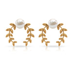 2.75 CT Freshwater Pearl Stud Earrings with Gold Leaf Motifs