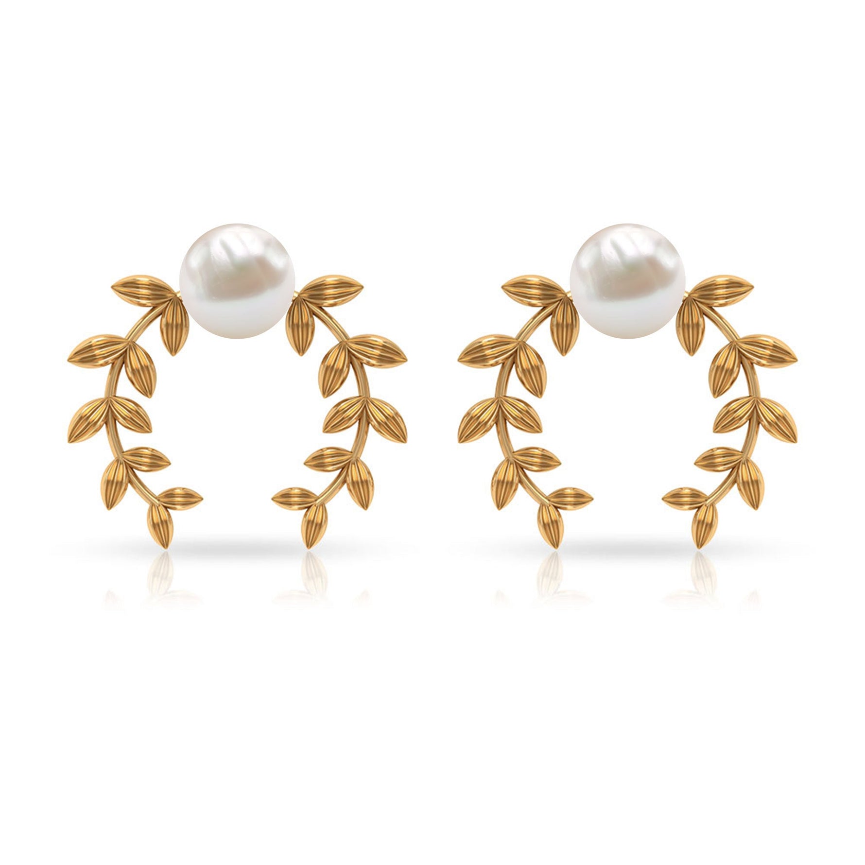2.75 CT Freshwater Pearl Stud Earrings with Gold Leaf Motifs
