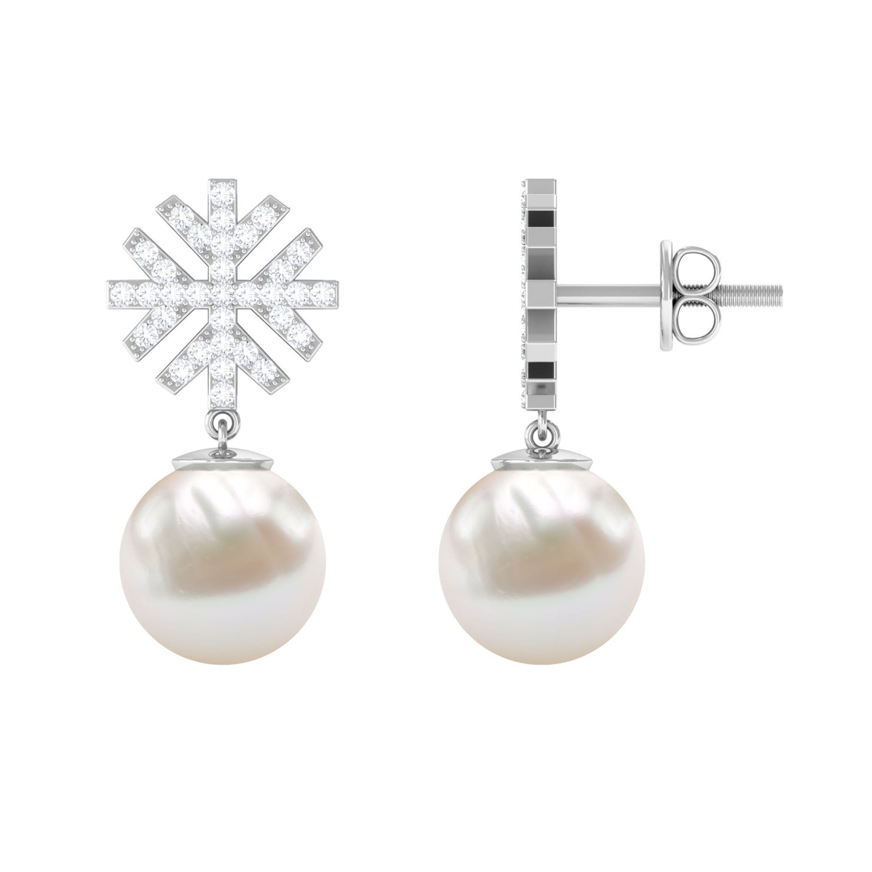 Freshwater Pearl Drop Earrings with Round Shape Diamond Stones