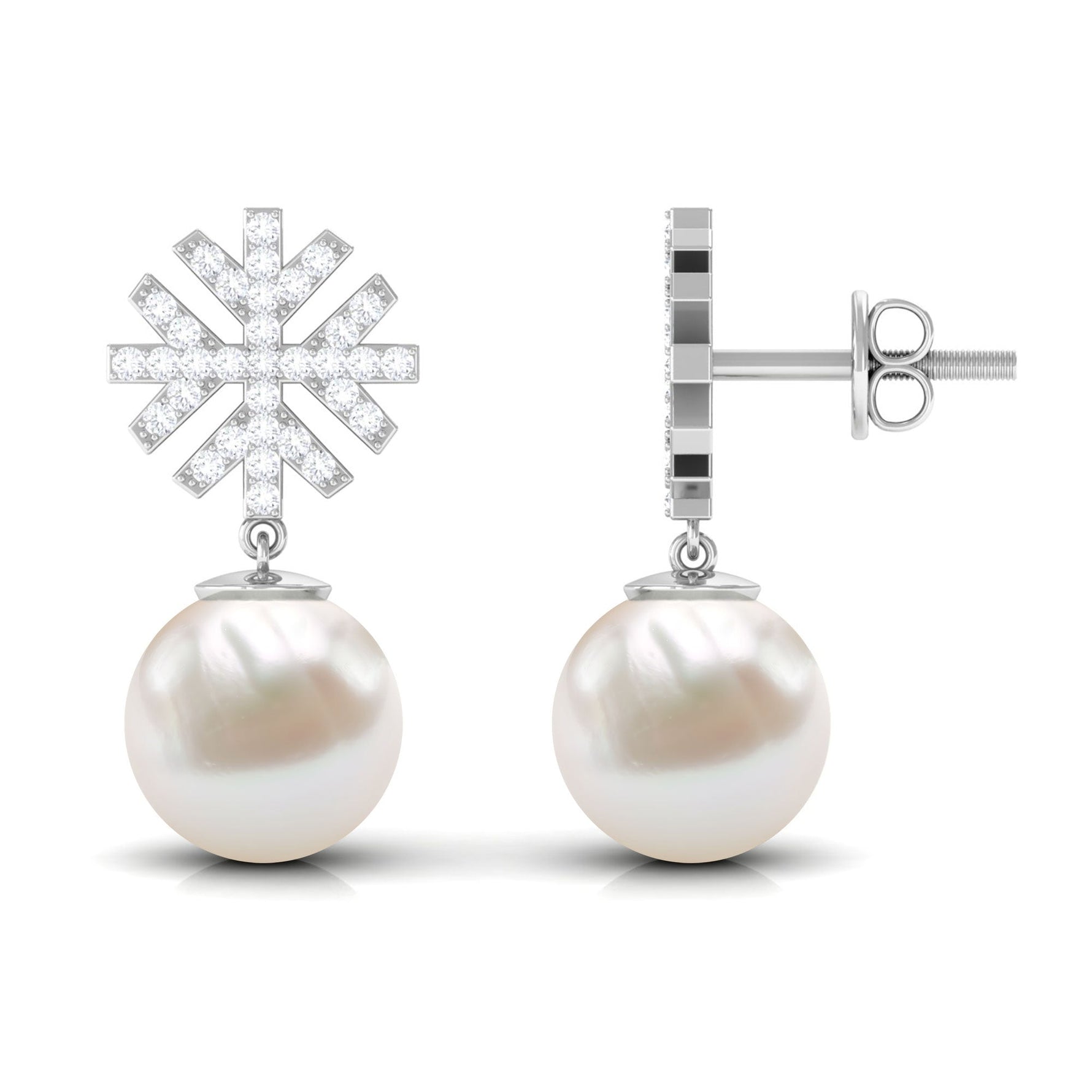 Freshwater Pearl Drop Earrings with Round Shape Diamond Stones