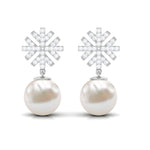 Freshwater Pearl Drop Earrings with Round Shape Diamond Stones