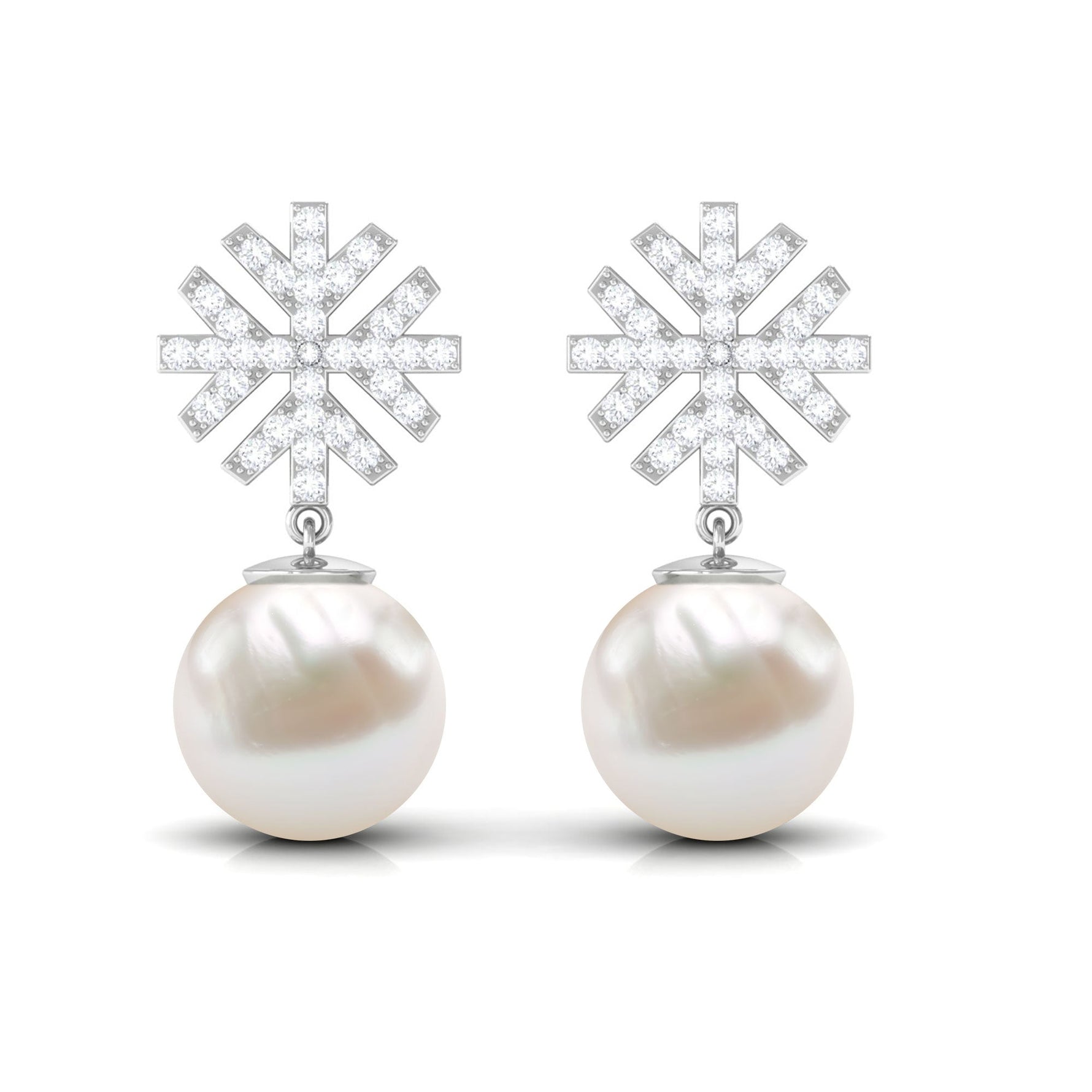 Freshwater Pearl Drop Earrings with Round Shape Diamond Stones