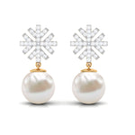 Freshwater Pearl Drop Earrings with Round Shape Diamond Stones
