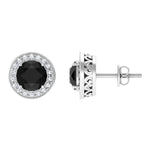 Natural Black Onyx Stud Earrings with Diamond Halo