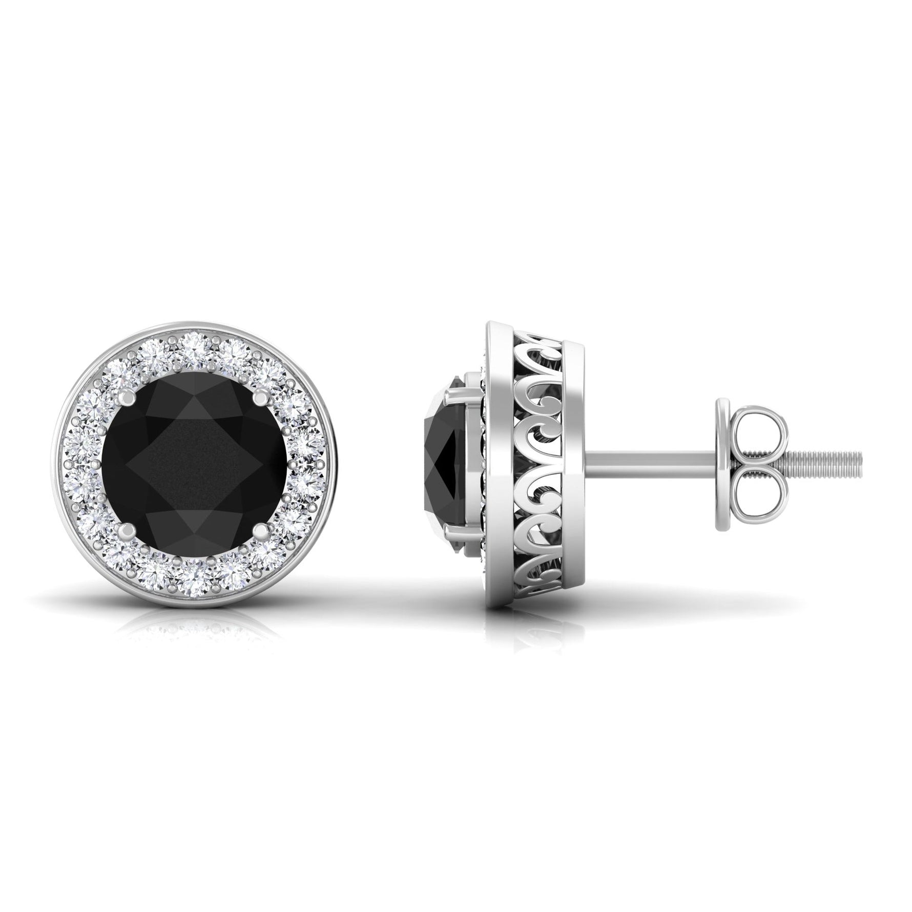 Natural Black Onyx Stud Earrings with Diamond Halo