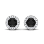 Natural Black Onyx Stud Earrings with Diamond Halo