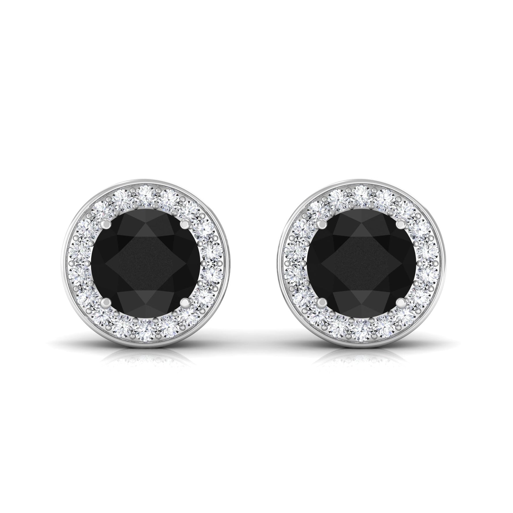 Natural Black Onyx Stud Earrings with Diamond Halo