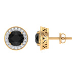 Natural Black Onyx Stud Earrings with Diamond Halo