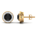 Natural Black Onyx Stud Earrings with Diamond Halo