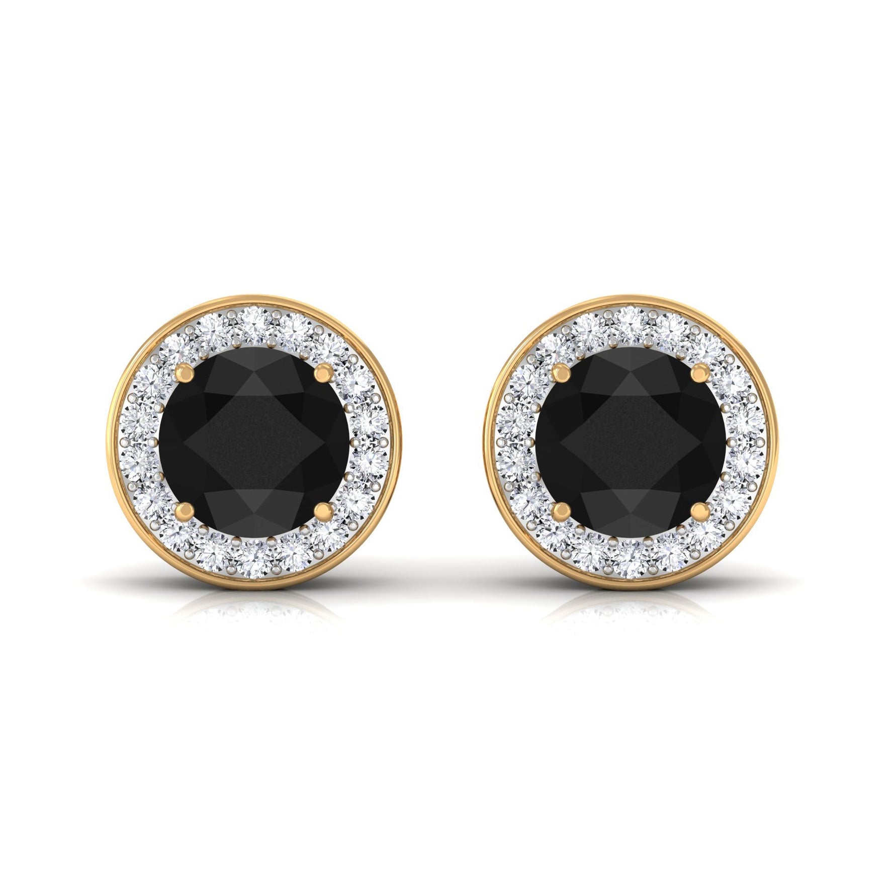 Natural Black Onyx Stud Earrings with Diamond Halo