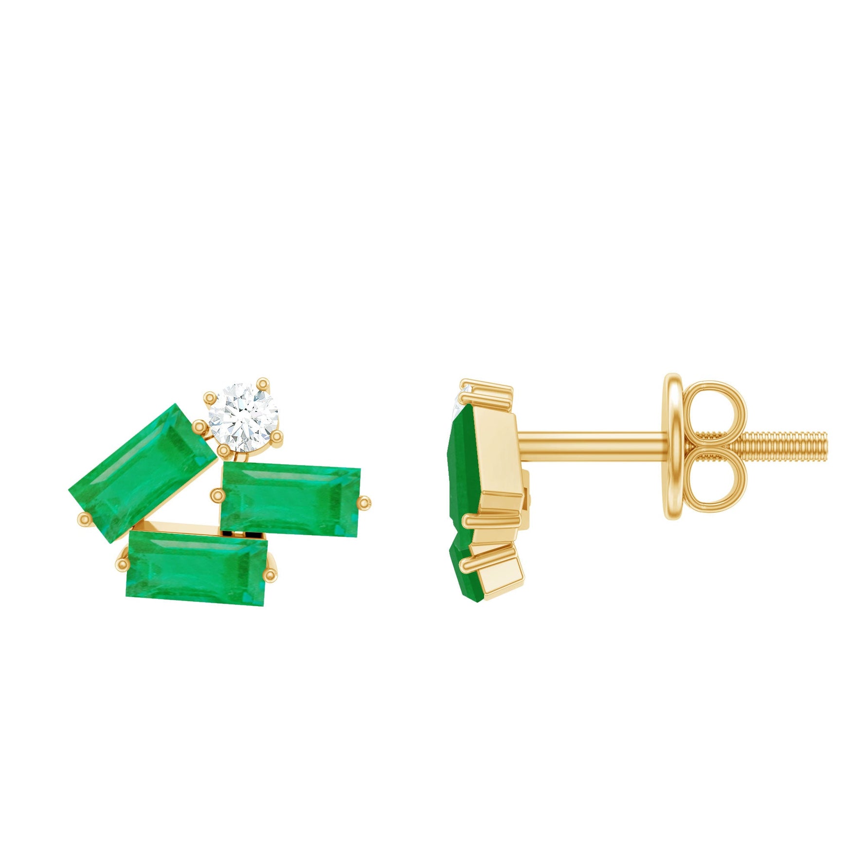 3/4 CT Modern Stud Earrings with Baguette Shape Emerald and Moissanite