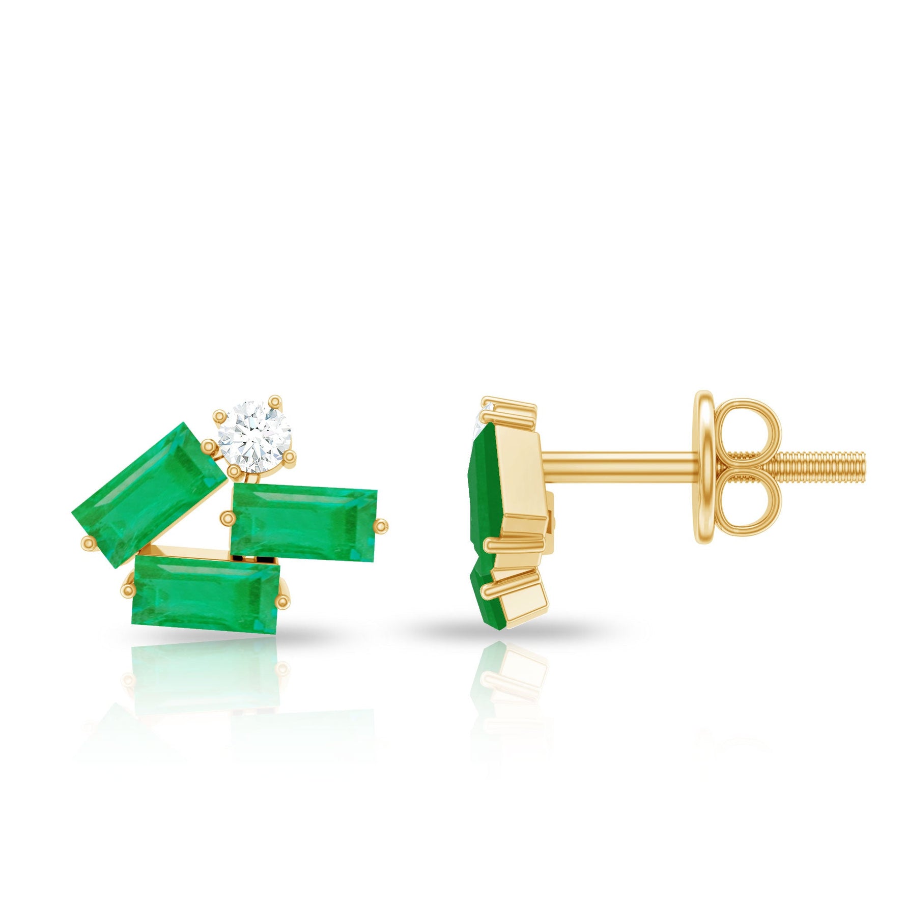 3/4 CT Modern Stud Earrings with Baguette Shape Emerald and Moissanite