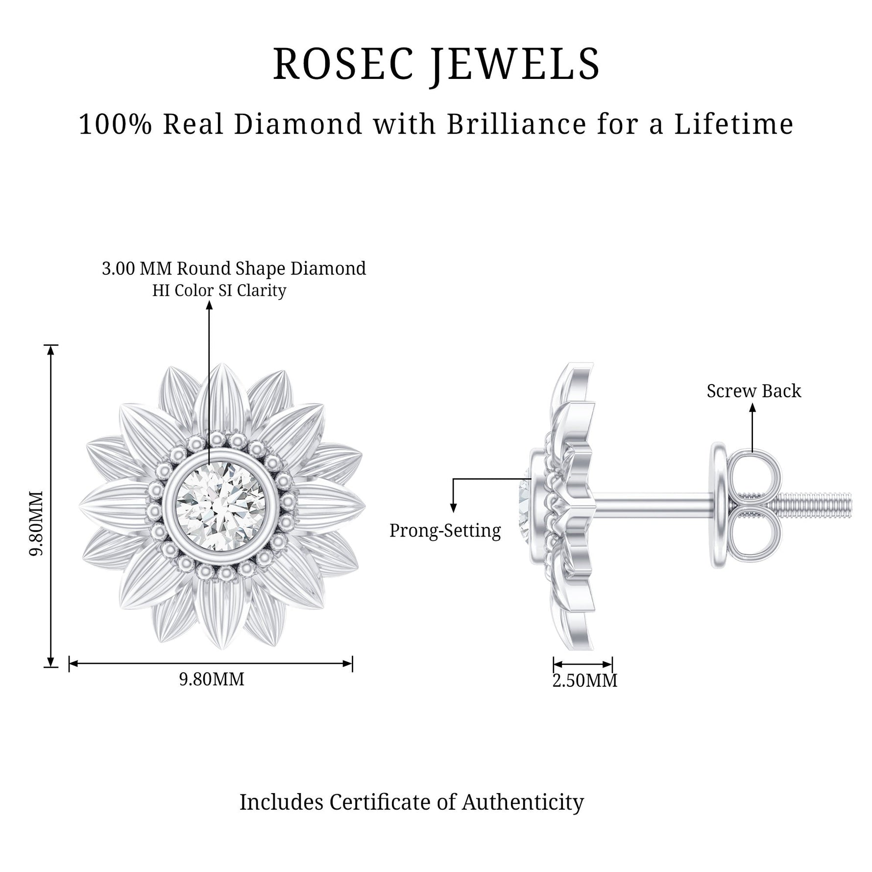 Diamond Sunflower Stud Earrings For Her
