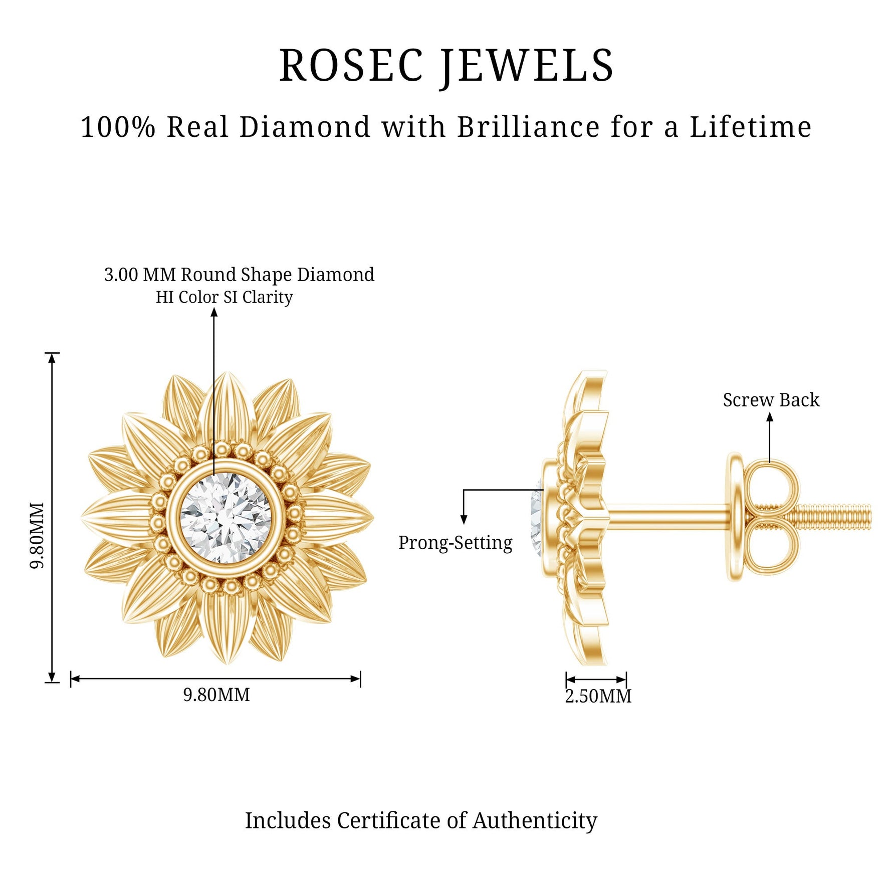 Diamond Sunflower Stud Earrings For Her