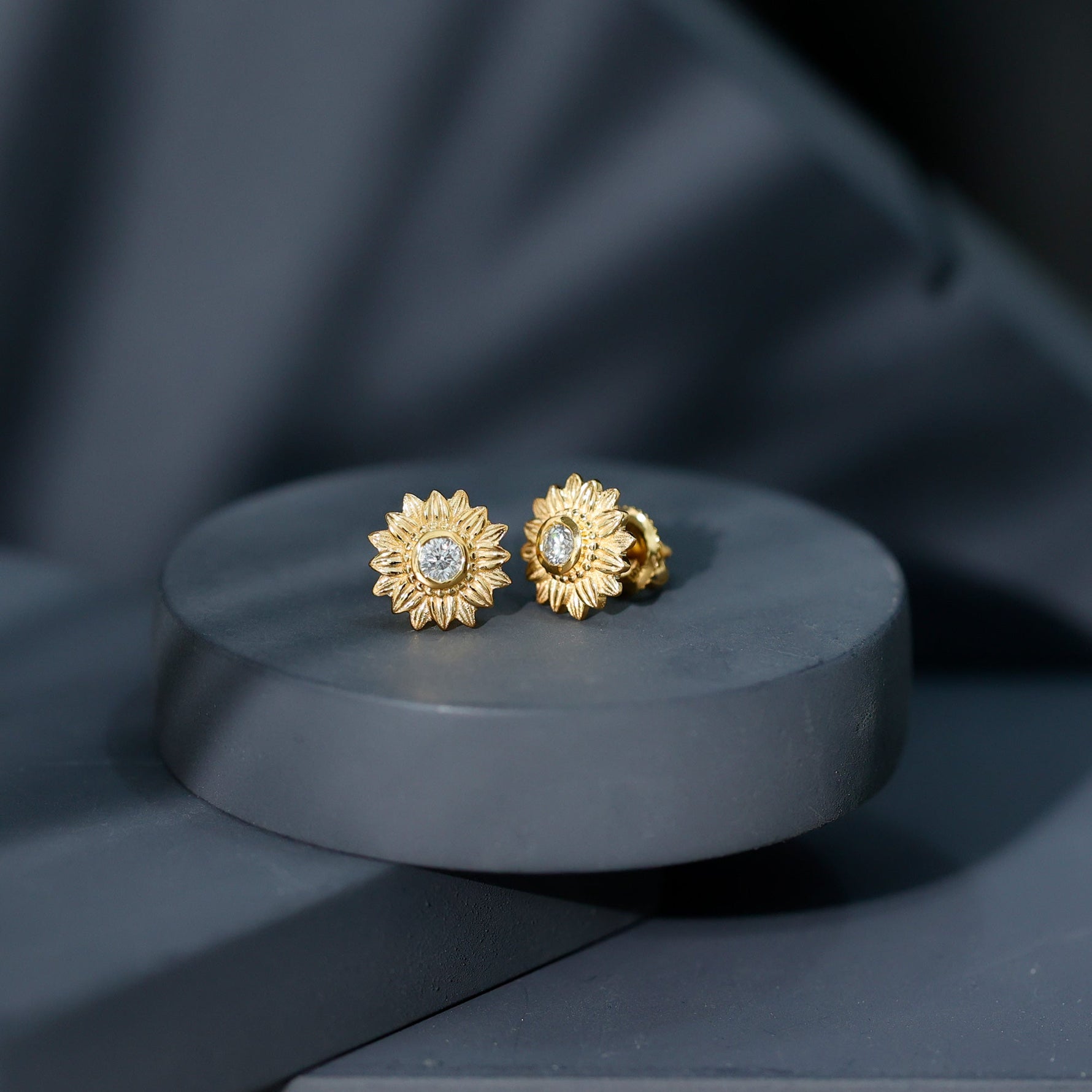 Diamond Sunflower Stud Earrings For Her