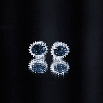 6X8MM Oval London Blue Topaz Stud Earrings with Moissanite Halo