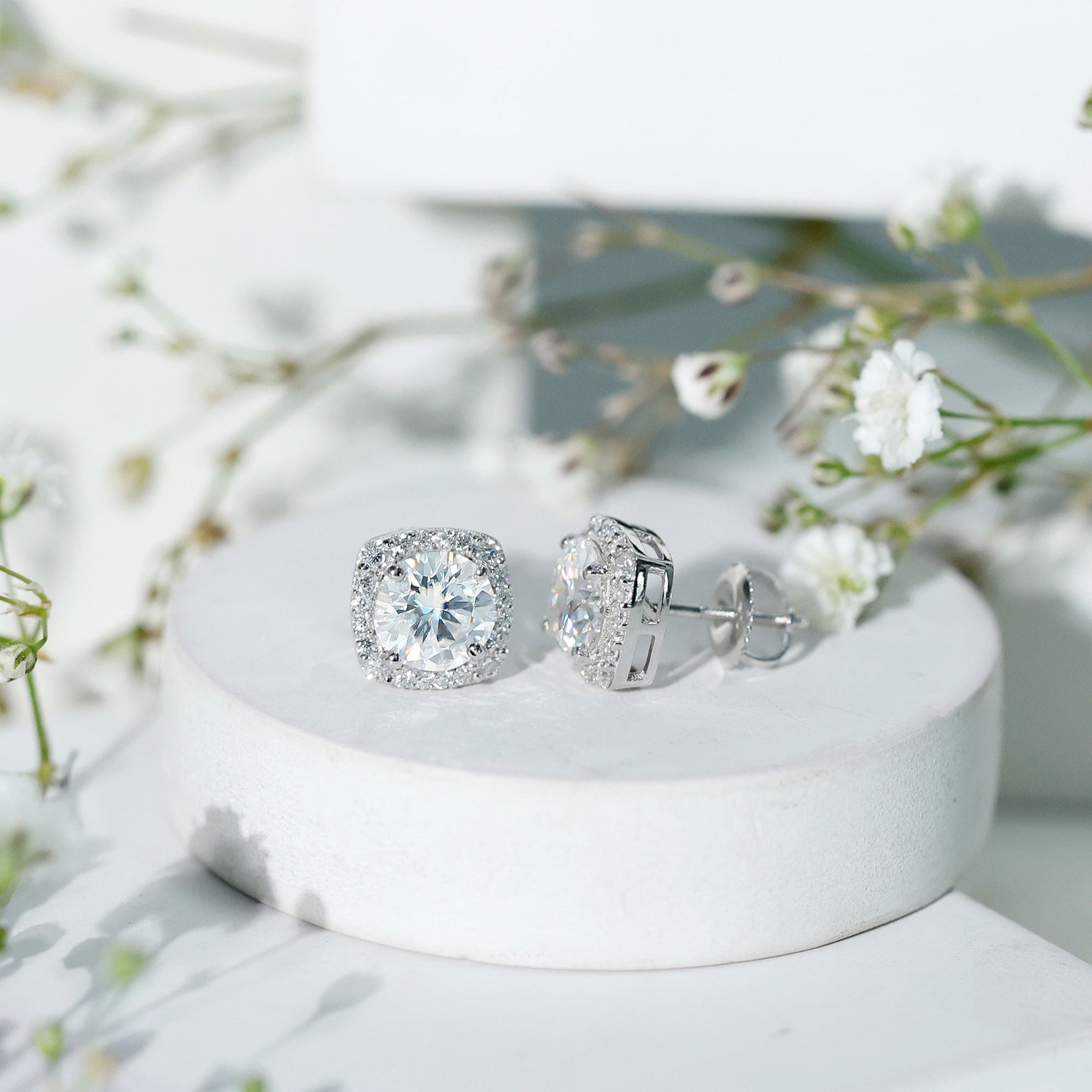 Round Cut Moissanite Classic Halo Stud Earrings