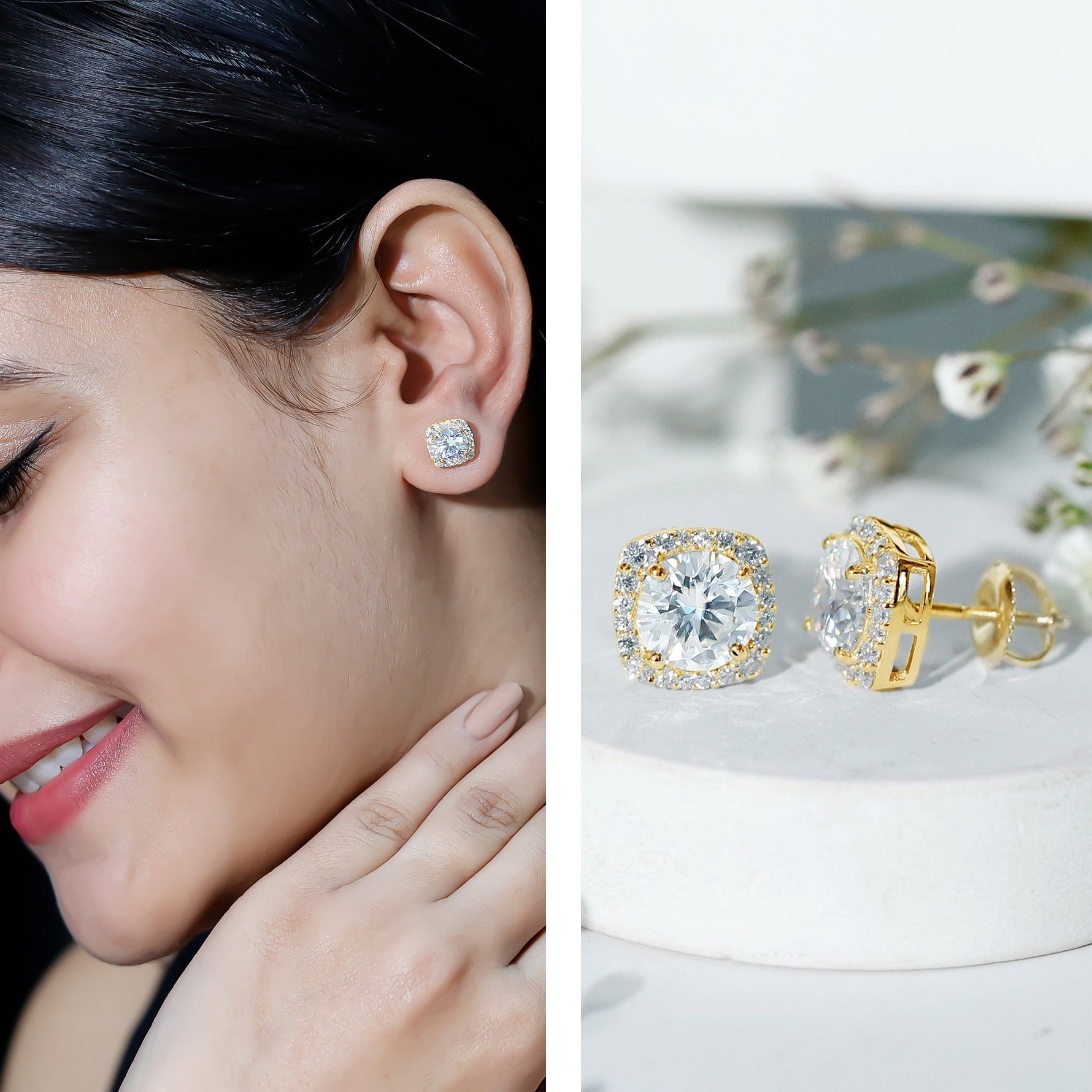 Round Cut Moissanite Classic Halo Stud Earrings