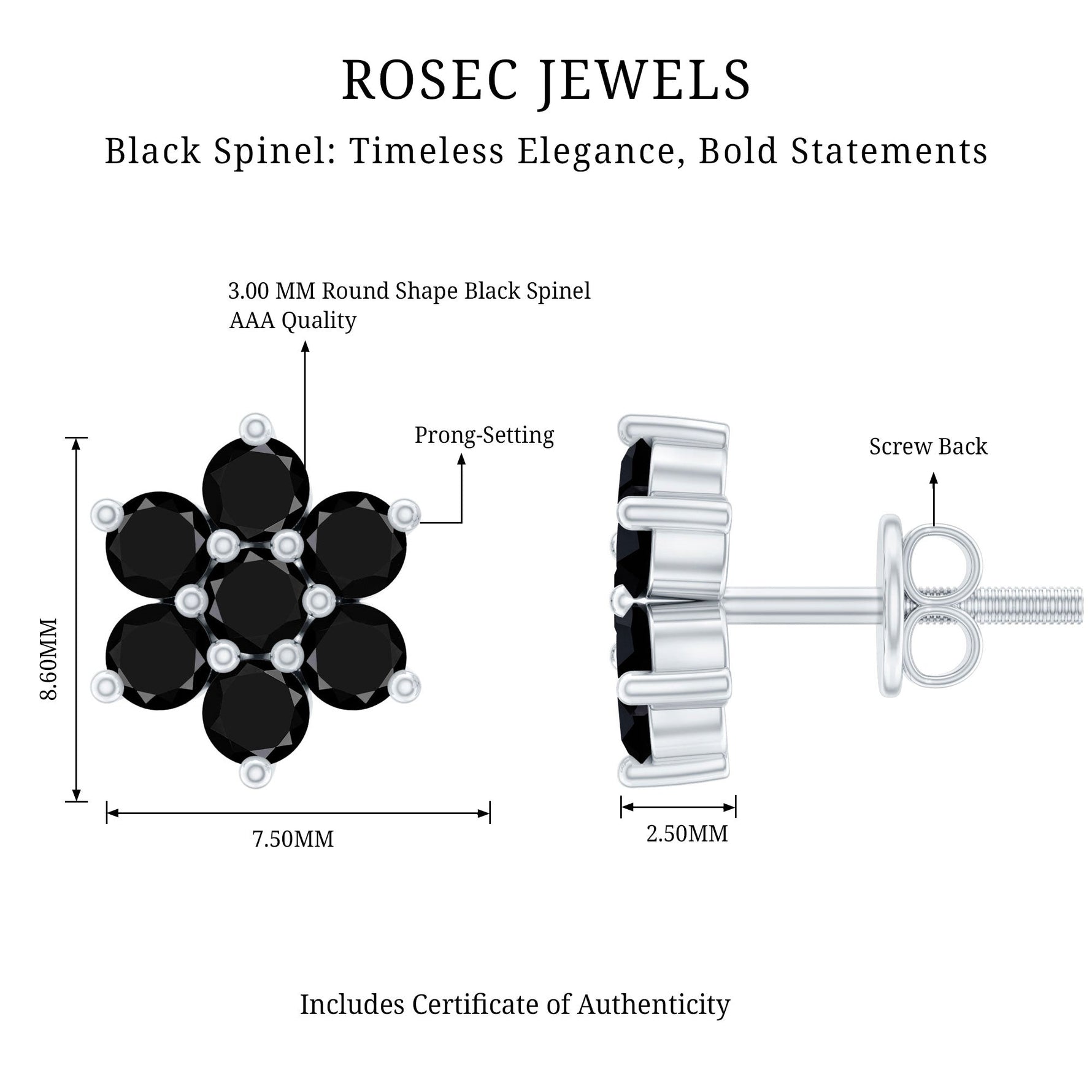 0.75 CT Black Spinel Floral Cluster Stud Earrings
