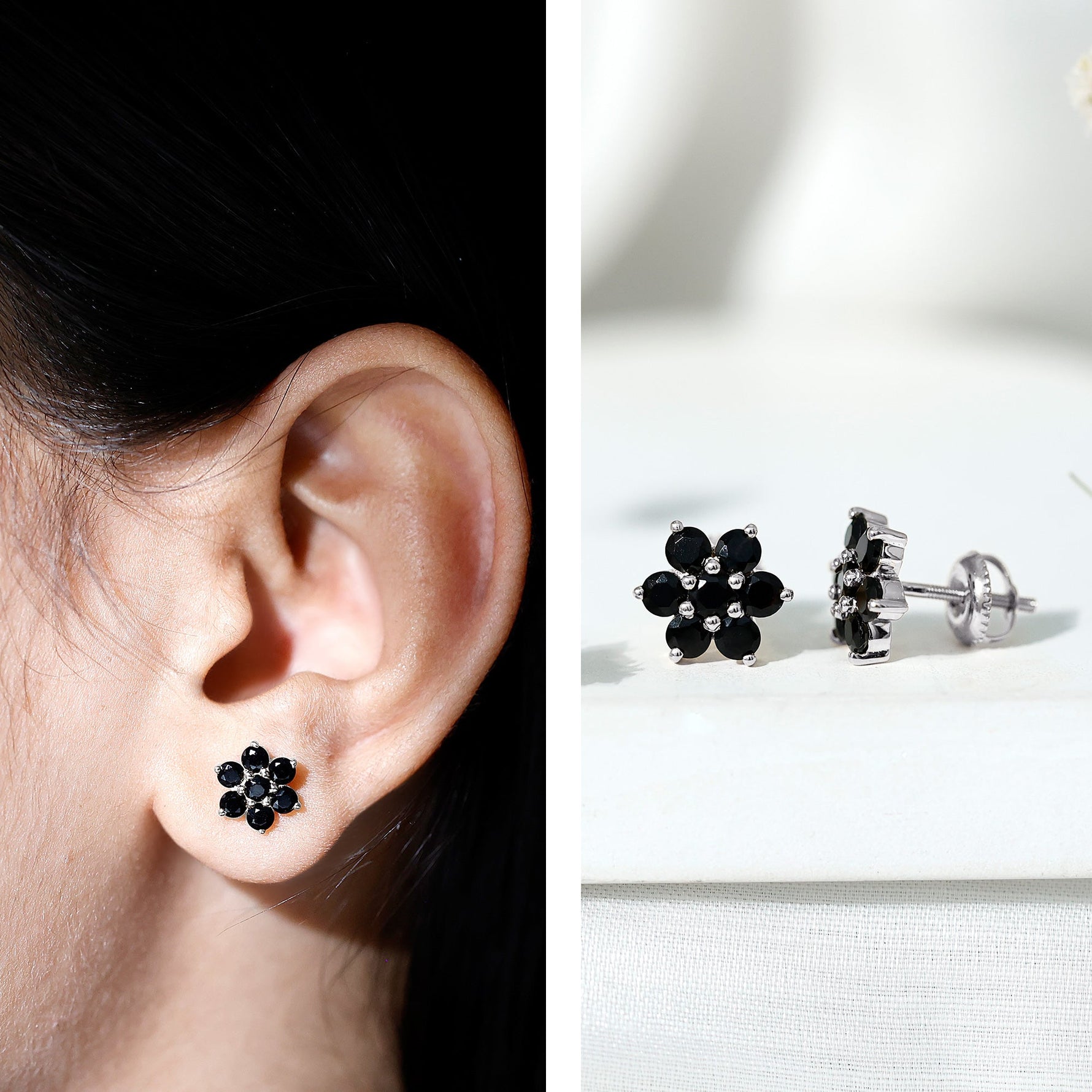 0.75 CT Black Spinel Floral Cluster Stud Earrings