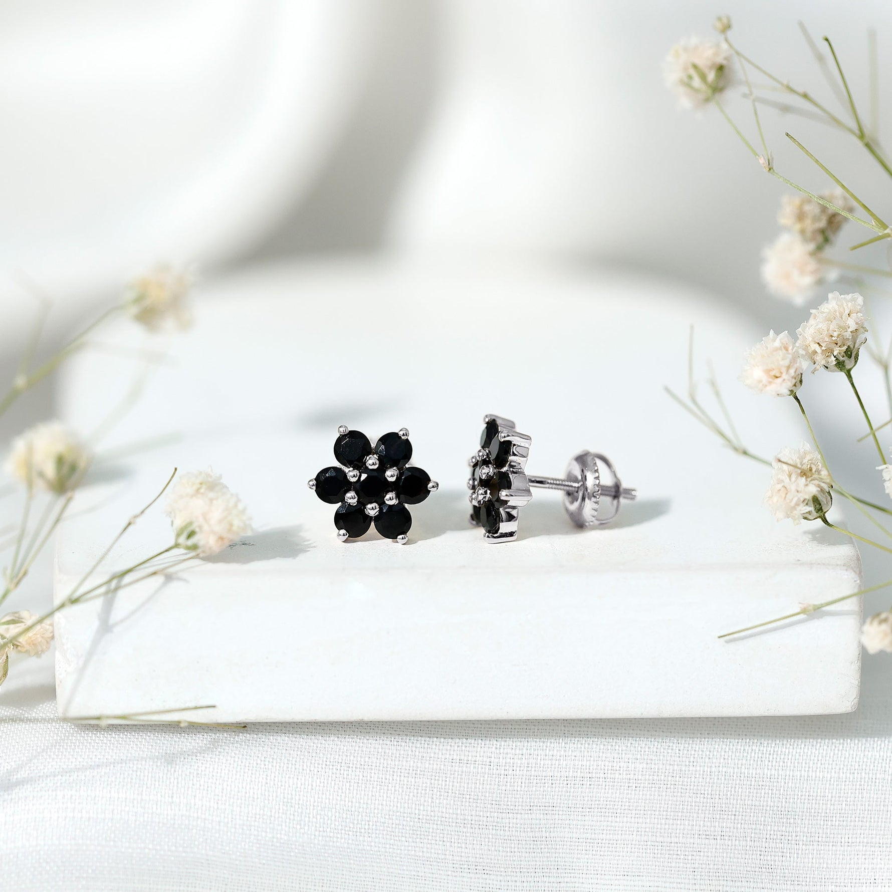 0.75 CT Black Spinel Floral Cluster Stud Earrings