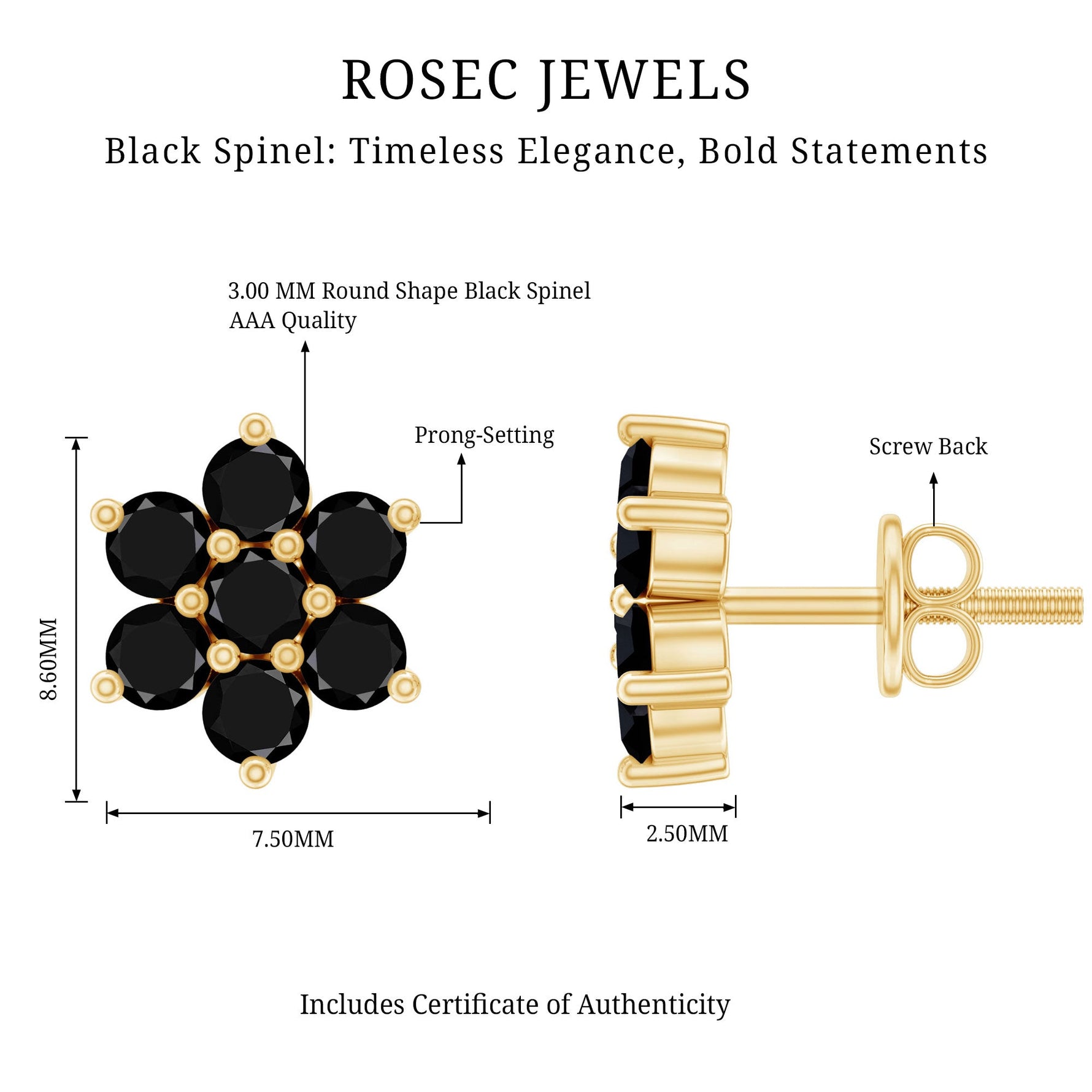 0.75 CT Black Spinel Floral Cluster Stud Earrings