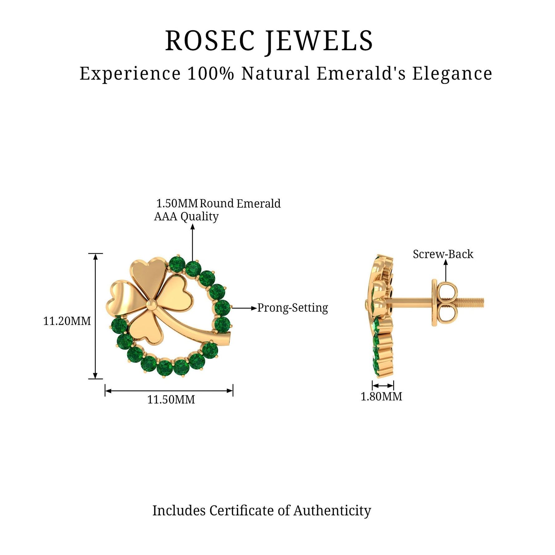 0.50 CT Emerald Eternity and Gold Clover Stud Earrings