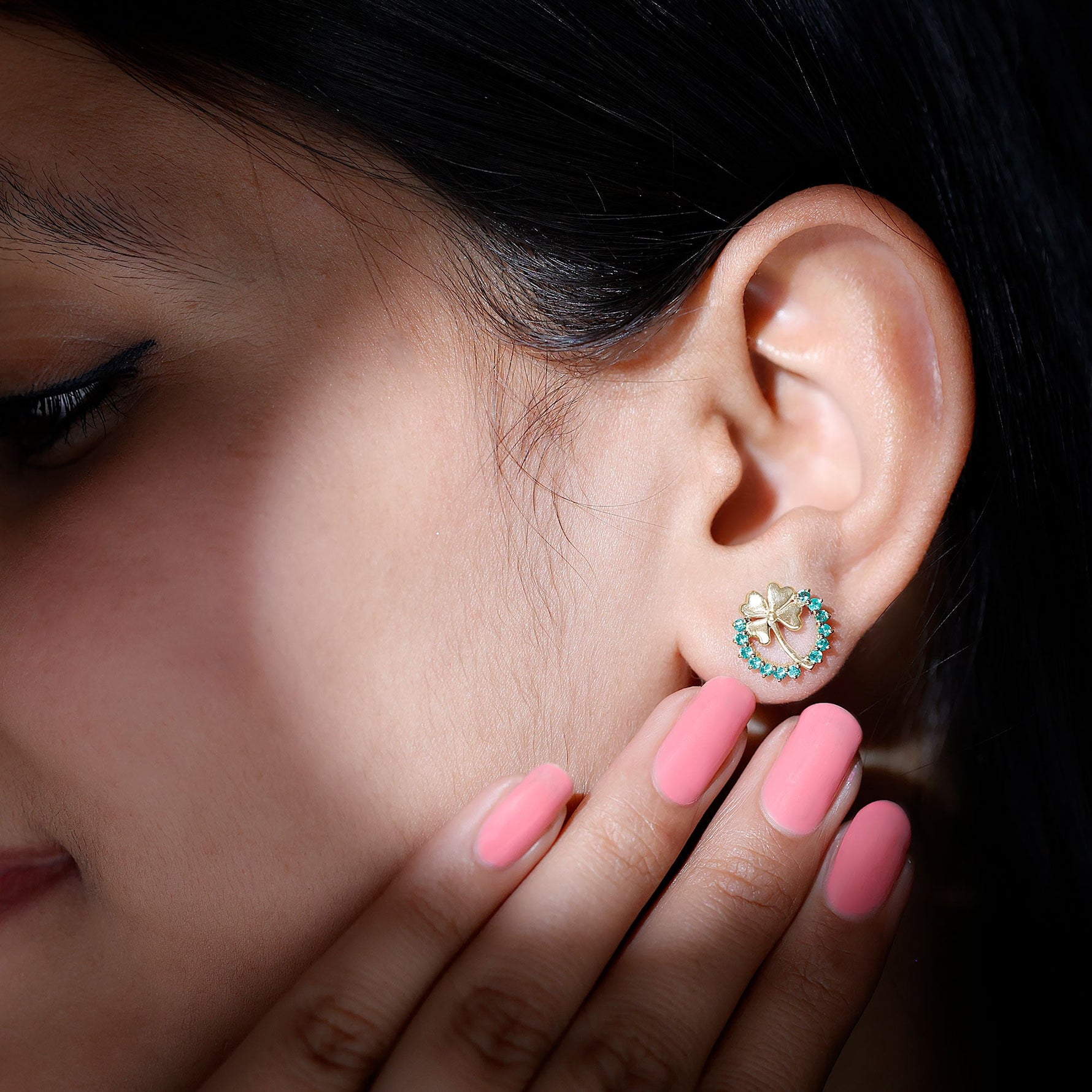 0.50 CT Emerald Eternity and Gold Clover Stud Earrings