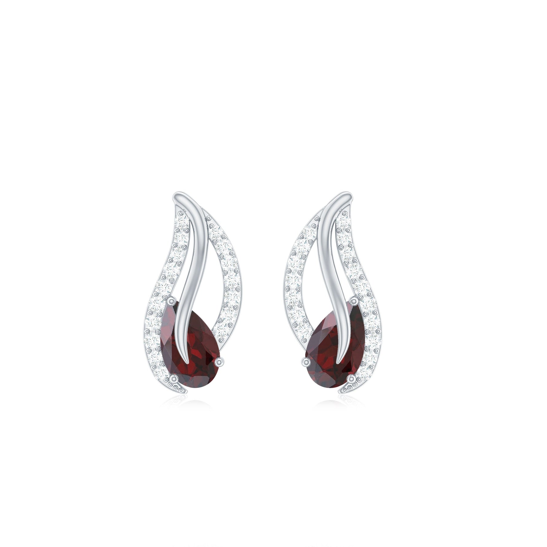 Pear Shape Garnet and Diamond Leaf Stud Earrings