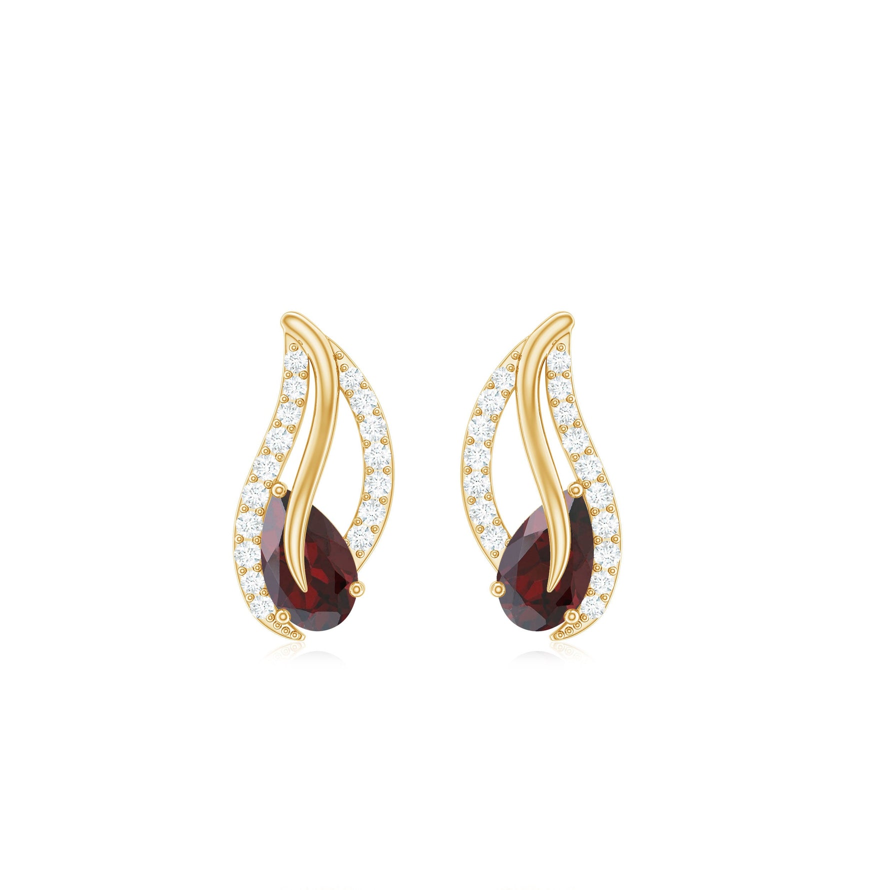 Pear Shape Garnet and Diamond Leaf Stud Earrings