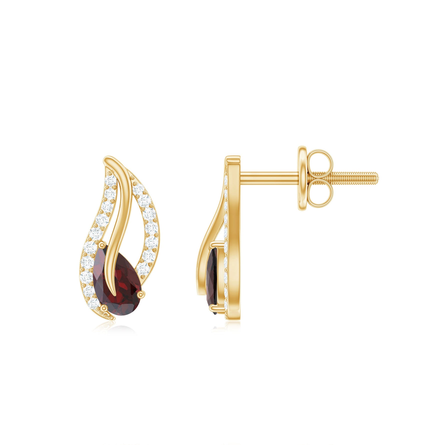 Pear Shape Garnet and Diamond Leaf Stud Earrings