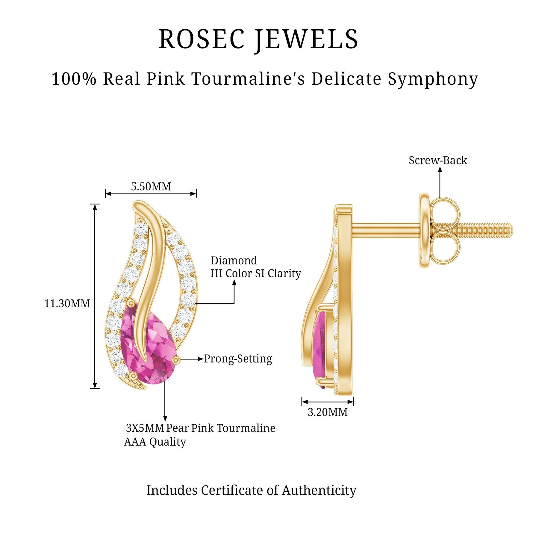 1/2 CT Pear Shape Pink Tourmaline and Diamond Leaf Stud Earrings